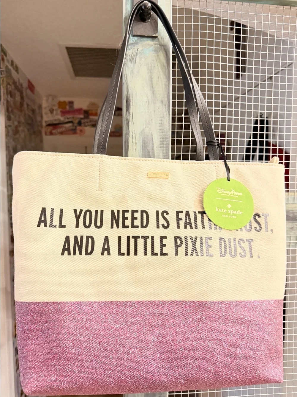 Disney kate spade Cream Canvas Tote with Pink Glitter Panel